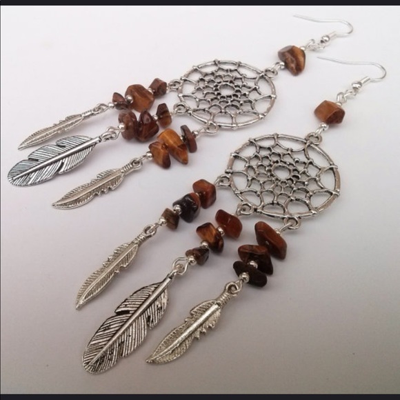 Bohemian dream catcher tigers eye dangle earrings - Picture 2 of 5